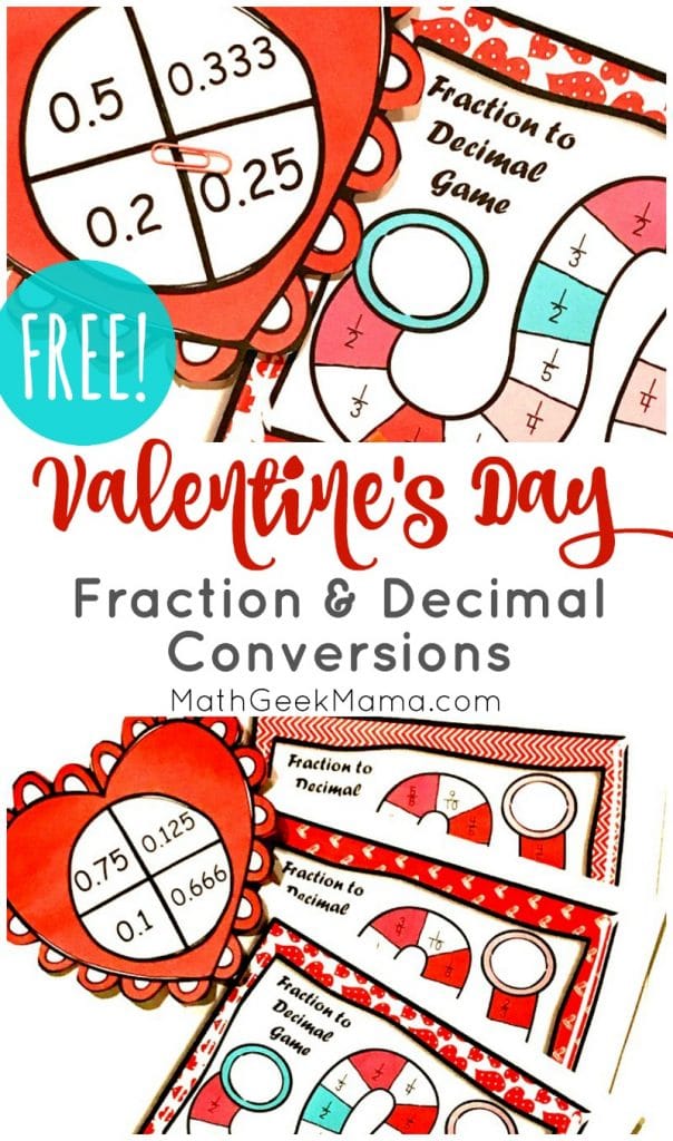 FREE Valentine’s Day Fraction and Decimal Conversions Game. #freehomeschooldeals #fhdhomeschoolers #fractiondecimalconversion #conversiongame