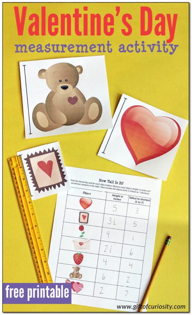 FREE Valentine's Day Measurement Activity. #freehomeschooldeals #fhdhomeschoolers #measurement #measuringskills 