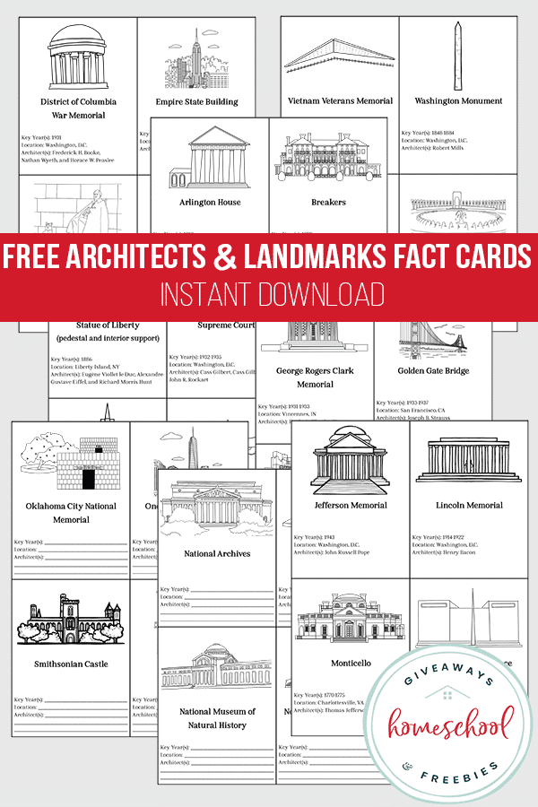 Architects and U.S. Landmarks FREE Fact Cards. #USlandmarks #architects #freehomeschooldeals #fhdhomeschoolers