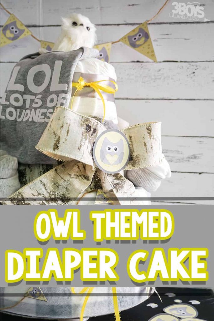 Owl-Themed DIY Diaper Cake. #fhdhomeschoolers #freehomeschooldeals #owlthemeddiapercake #owltheme #diapercake