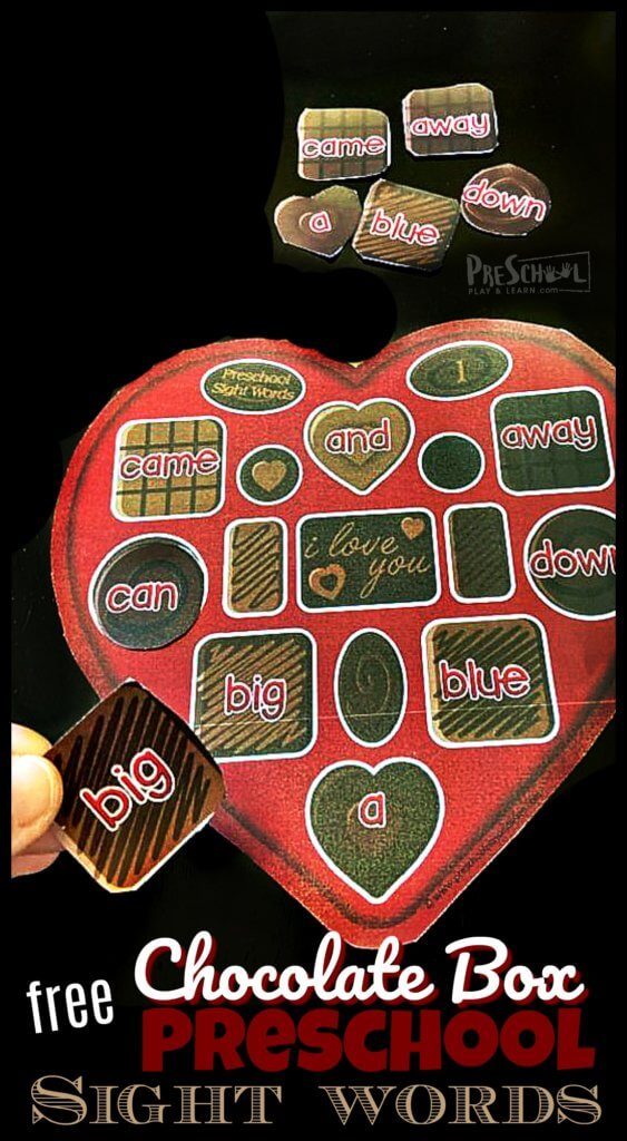 FREE Printable Chocolate Box Preschool Sight Words. #preschoolsightwords #sightwords #valentinesightwords #freehomeschooldeals #fhdhomeschoolers