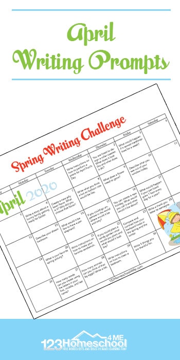 FREE April Writing Prompts Calendar. #fhdhomeschoolers #freehomeschooldeals #Aprilwritingprompts #writingpromptsforspring