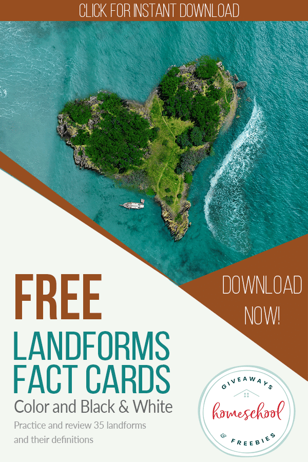 FREE Landforms Printables. #fhdhomeschoolers #freehomeschooldeals #landformfactcards #landformcheatsheets