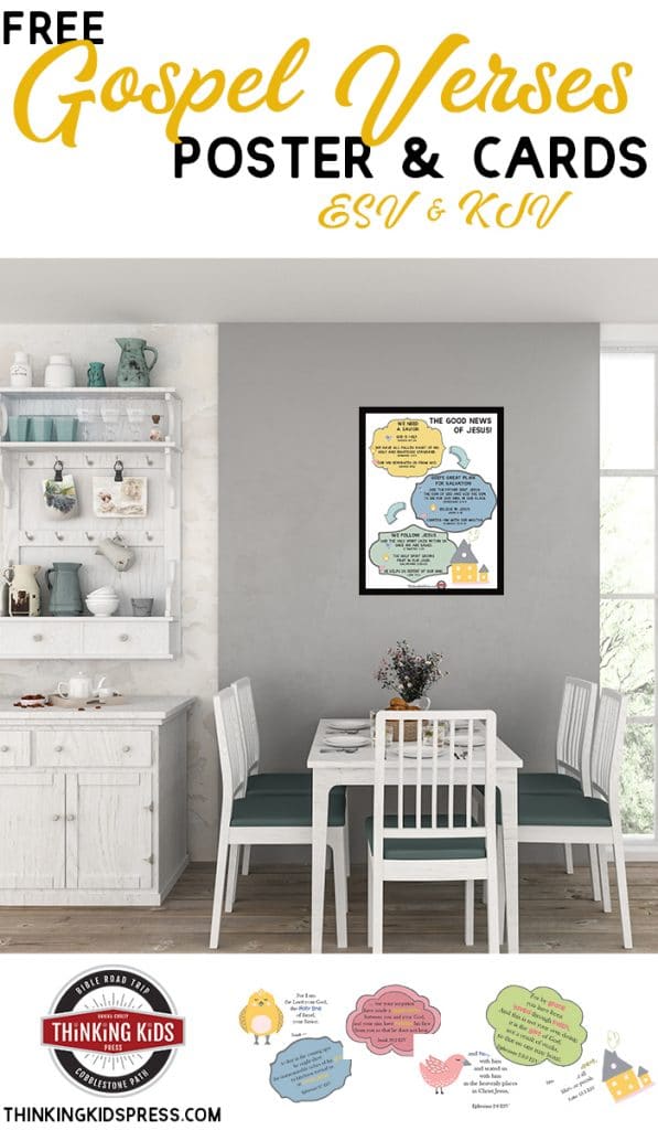 FREE Gospel Bible Verses Poster and Cards. #freehomeschooldeals #fhdhomeschoolers #gospelofJesusChrist #teachingthegospel #Bibleverseposter #Bibleversecards