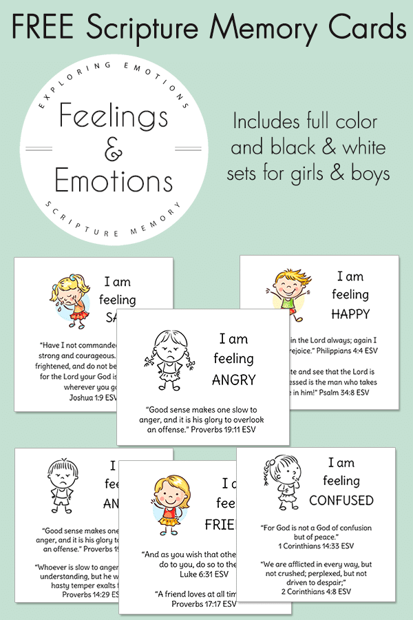 FREE Emotions Scripture Memory Cards. #freehomeschooldeals #fhdhomeschoolers #scripturememorycards #emotionsmemorycards  