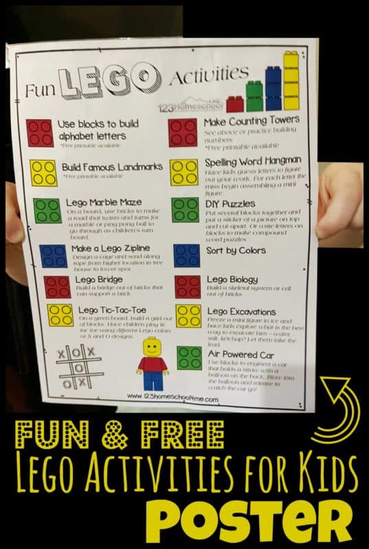 Kids Lego Activities Poster. #freehomeschooldeals #fhdhomeschoolers #kidslegoactivities #legoactivitiesposter