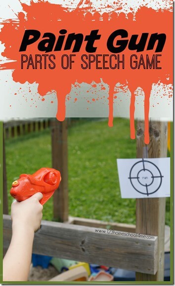 FREE Parts of Speech Paint Gun Game. #fhdhomeschoolers #freehomeschooldeals #partsofspeechgame #paintgungame #partsofspeechprintables