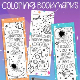 Space Bookmark Printables for FREE. #freehomeschooldeals #fhdhomeschoolers #spacebookmarks #coloringbookmarks #bookmarksforcoloring #spacethemedbookmarks