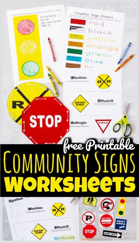 FREE Community Signs Worksheets. #freehomeschooldeals #fhdhomeschoolers #communitysigns #communitysignworksheets #trafficsignworksheets