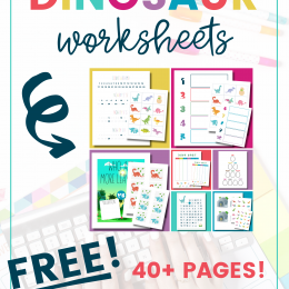 Grab over 40 page of freebies with these FREE Dinosaur Math Worksheets! #fhdhomeschoolers #freehomeschooldeals #prek #mathworksheets #hsdays