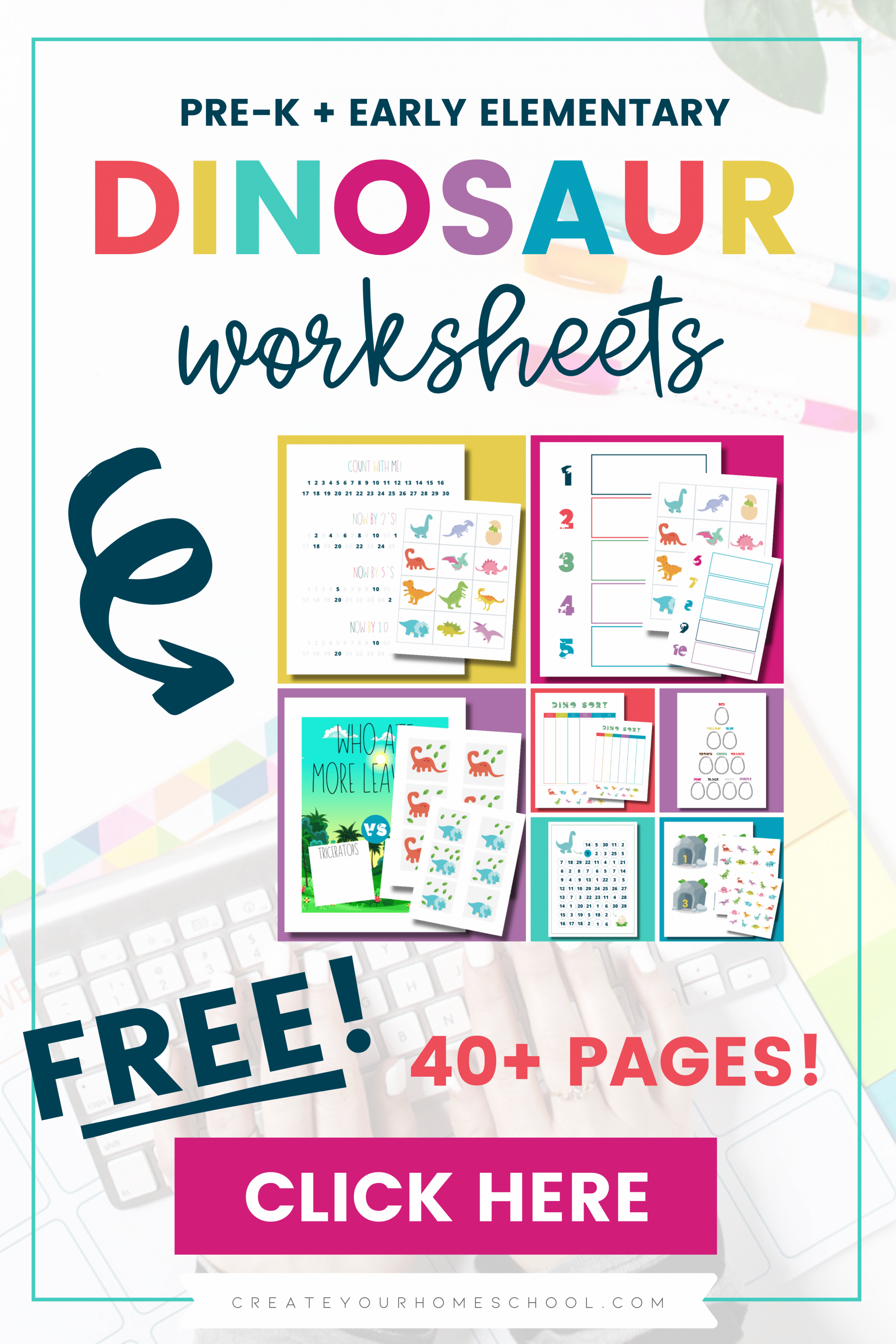 Grab over 40 page of freebies with these FREE Dinosaur Math Worksheets! #fhdhomeschoolers #freehomeschooldeals #prek #mathworksheets #hsdays