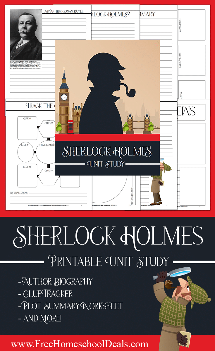 Explore story, characters, and practice analysis with this FREE Sherlock Holmes Unit Study! #fhdhomeschoolers #freehomeschooldeals #sherlockholmes #unitstudies #reading