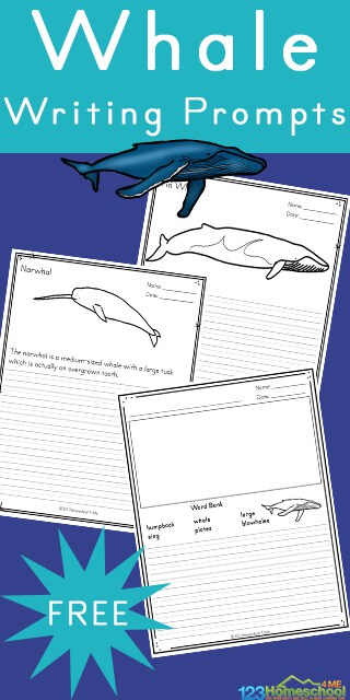 FREE Printable Whale Writing Prompts. #freehomeschooldeals #fhdhomeschoolers #whalewritingprompts #whaleprintables #seacreatureprintables #writeaboutwhales