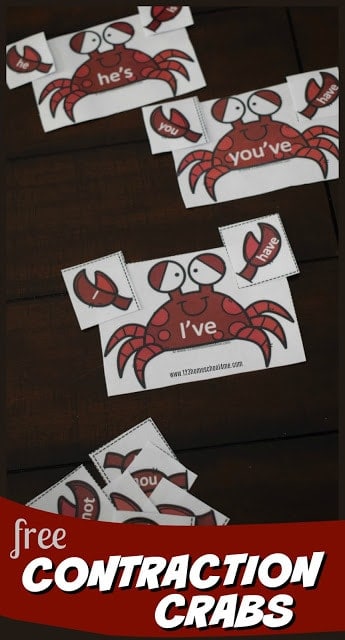 FREE Crab Contraction Word Puzzles. #freehomeschooldeals #fhdhomeschoolers #crabprintables #contractionspuzzles #contractionwordpractice