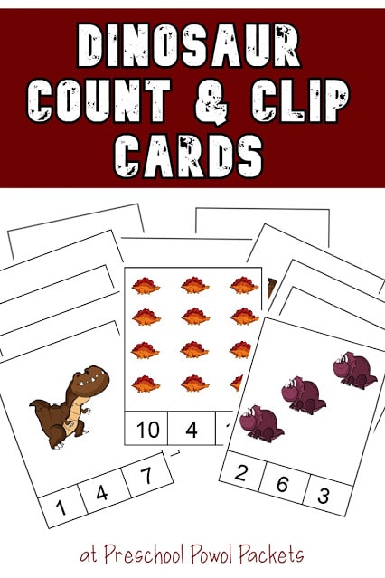 FREE Dinosaur Count and Clip Cards. #freehomeschooldeals #fhdhomeschoolers #dinosaurclipcards #dinosaurprintables #countandclipcards #countingprintables #mathclipcards