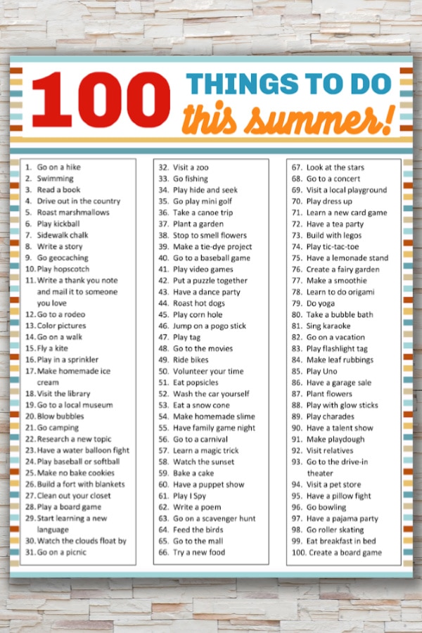 Sample page view of 100 Things to Do this Summer Printable List