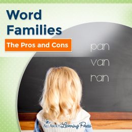 young girl in front of chalkboard with word family words - Word Families Pros and Cons