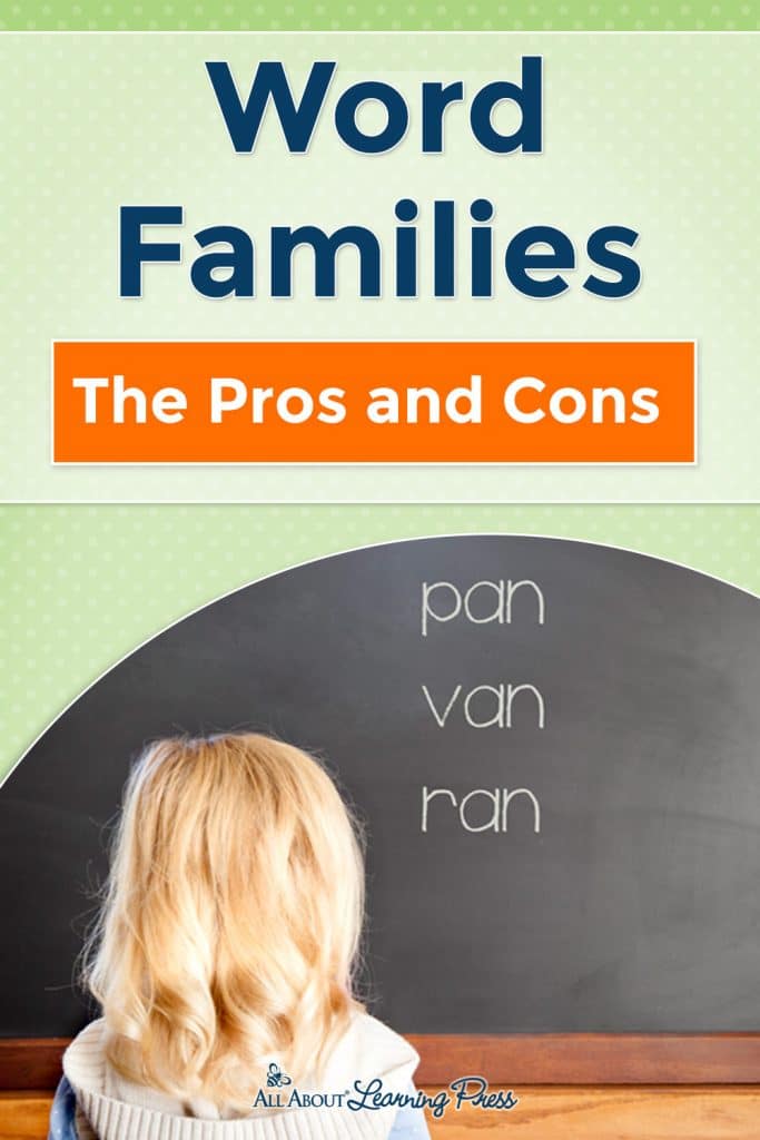 young girl in front of chalkboard with word family words - Word Families Pros and Cons