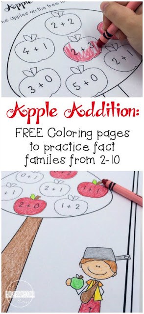 Apple Addition FREE Coloring Pages. #freehomeschooldeals #fhdhomeschoolers #appleaddition #appleprintables #additionprintables #appletheme