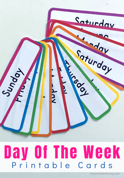 FREE Printable Days of the Week Cards. #freehomeschooldeals #fhdhomeschoolers #daysoftheweekcards #printableweekdaycards