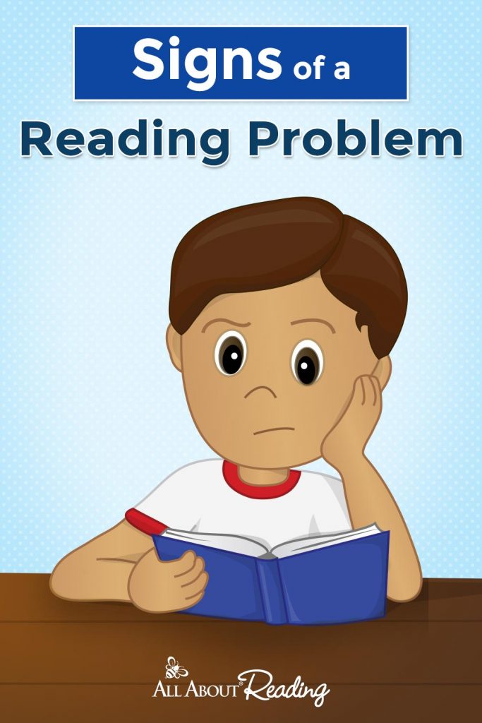 frustrated boy with book in hand - overlay says "Signs of a Reading Problem"