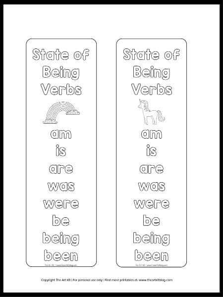 FREE State of Being Verbs Unicorn Bookmarks. #freehomeschooldeals #fhdhomeschoolers #unicornbookmarks #stateofbeingverbs #verbsresources

