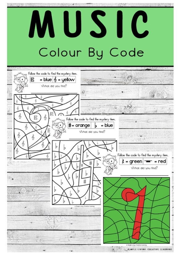 FREE Music Color By Code Worksheets. #freehomeschooldeals #fhdhomeschoolers #musicbycolor #colorbycode #musicbycolorworksheets