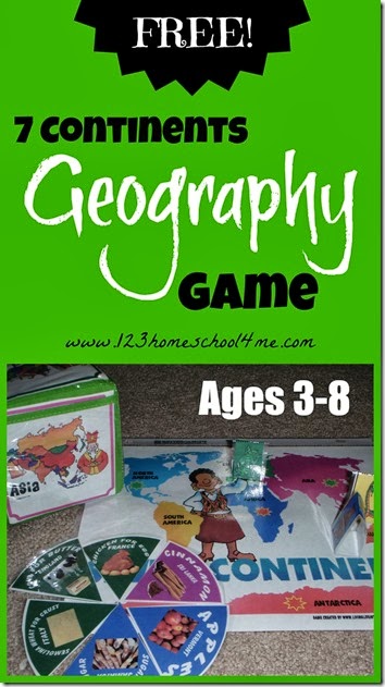 FREE Printable Geography Game for Kids. #freehomeschooldeals #fhdhomeschoolers #geographygame #rollintogeography #7continentsgame
