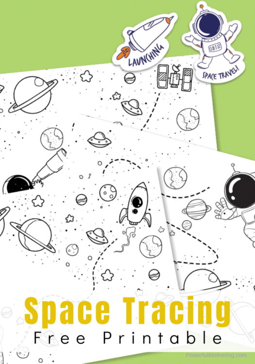 FREE Space Coloring and Tracing Printables. #freehomeschooldeals #fhdhomeschoolers #spacecoloringpages #spacetracing #spaceprintables