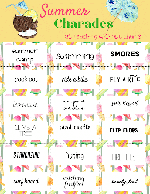 FREE Summer Charades Card Game. #freehomeschooldeals #fhdhomeschoolers #summercharades #charadesgameforsummer #charadescards #summercardsgame