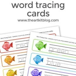 Colors and Fish FREE Tracing Cards. #freehomeschooldeals #fhdhomeschoolers #colorsandfish #spellingpractice #colorsandspelling ##wordtracing