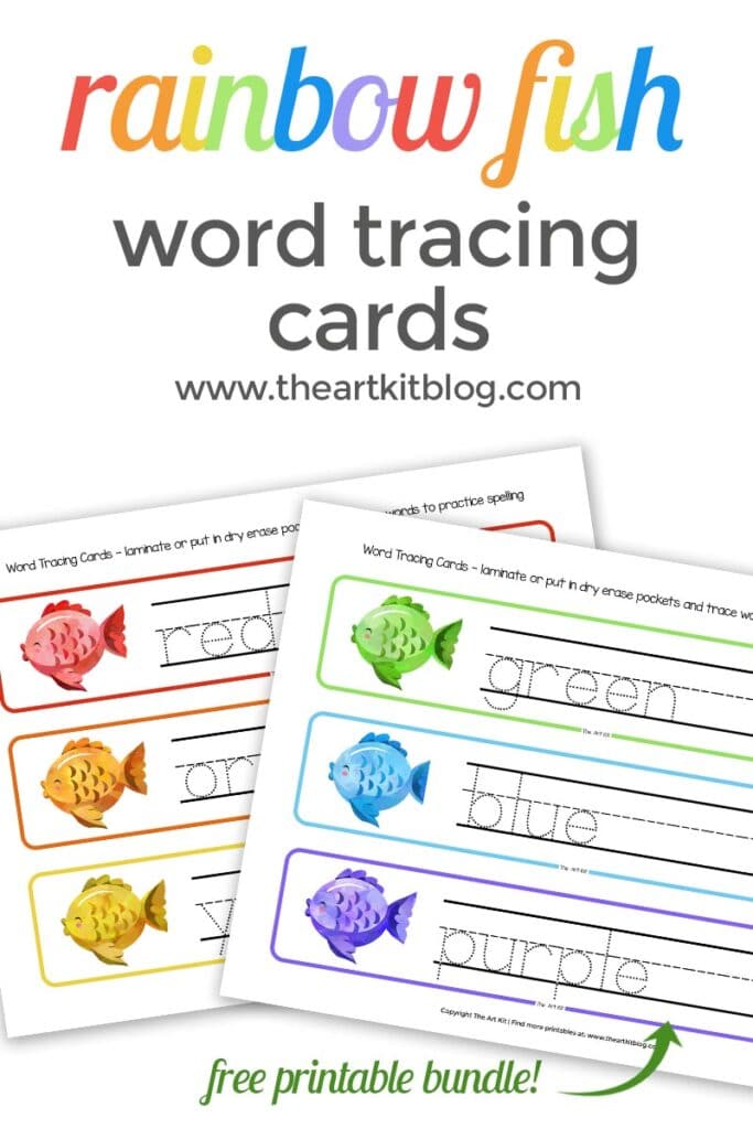 Colors and Fish FREE Tracing Cards. #freehomeschooldeals #fhdhomeschoolers #colorsandfish #spellingpractice #colorsandspelling ##wordtracing