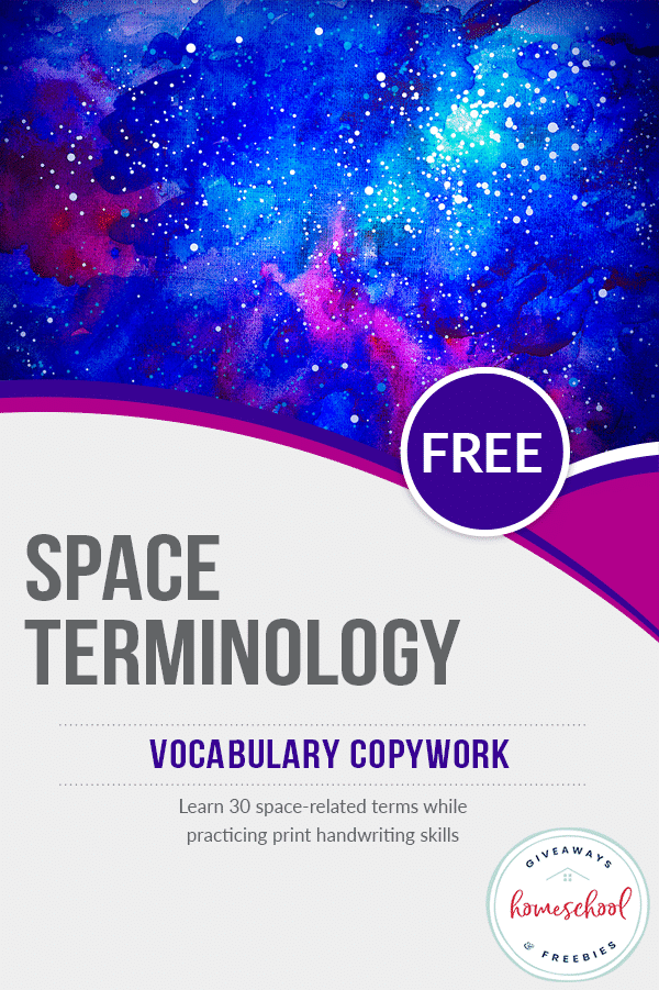 Free Space Vocab Copywork. #freehomeschooldeals #fhdhomeschoolers #spaceprinatbles #spacecopywork #spacevocabulary #spaceterms