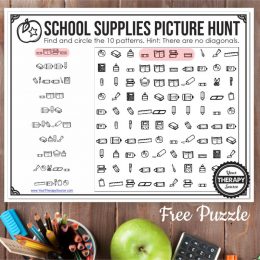 FREE School Supply Puzzle Download. #freehomeschooldeals #fhdhomeschoolers #schoolpicturepizzle #visualmotorskills #schoolpicturepuzzle