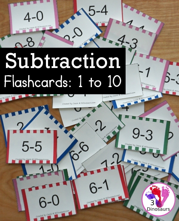 FREE Subtraction 1-10 Flashcards. #freehomeschooldeals #fhdhomeschoolers #subtractionflashcards #flashcardsforsubtracting #subtractionpractice