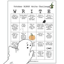 FREE October Bingo Writing Prompts. #freehomeschooldeals #fhdhomeschoolers #octoberbingogame #octoberwritingpractice #Octoberbingowritechallenge