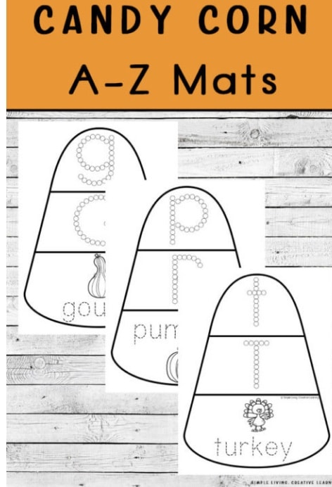 FREE Candy Corn Alphabet Learning Mats. #fhdhomeschoolers #freehomeschooldeals #falllearningmats #freealphabetworksheets #halloweenalphabetworksheets #candycornactivities