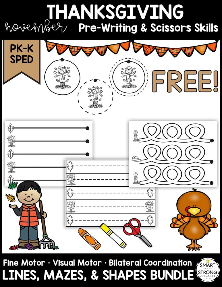 Free Thanksgiving Prewriting Packet. #prewritingworksheets #freeprewritingpracticesheets #prewritingpracticepages #freehomeschooldeals #fhdhomeschoolers