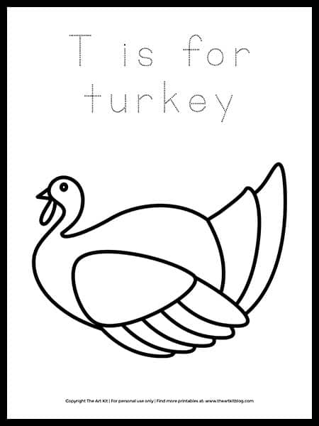 Letter T Turkey Coloring Page. #alphabetcoloringpage #turkeycoloringpage #freethanksgivingworksheet #freehomeschooldeals #fhdhomeschoolers