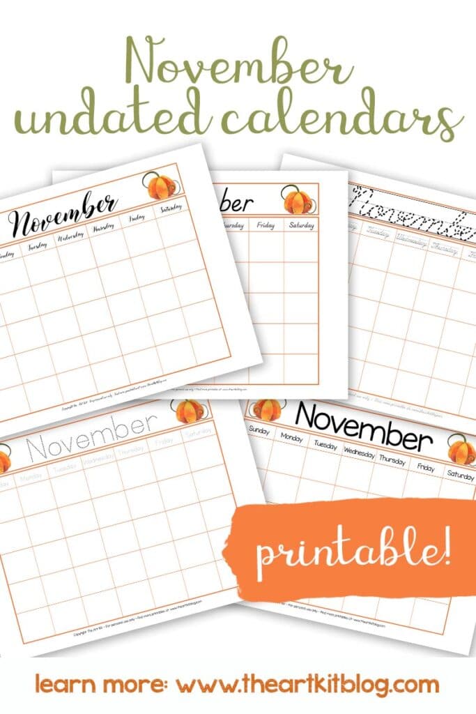 Free Undated November Calendars. #freehomeschooldeals #fhdhomeschoolers #Novembercalendars #undatedcalendars #fallcalendars