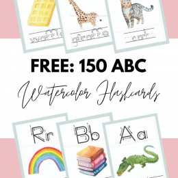 Free Watercolor Alphabet Flashcards. #alphabetflashcards #abcflashcards #preschoolflashcards #freehomeschooldeals #fhdhomeschoolers