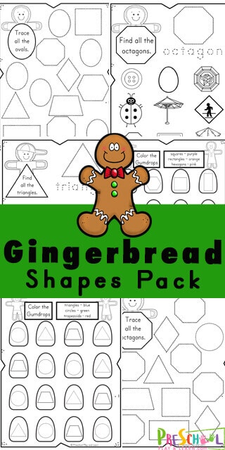 Preschool Gingerbread Math Worksheets. #preschoolshapespages #freeshapeworksheets #freechristmasworksheets #freehomeschooldeals #fhdhomeschoolers