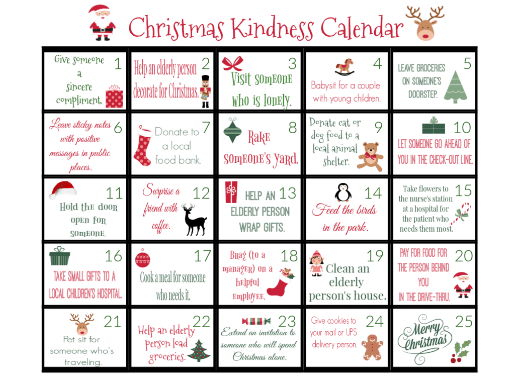 Acts of Kindness Christmas Calendar. #christmascalendar #christmasactsofkindness #familychristmasactivity #freehomeschooldeals #fhdhomeschoolers