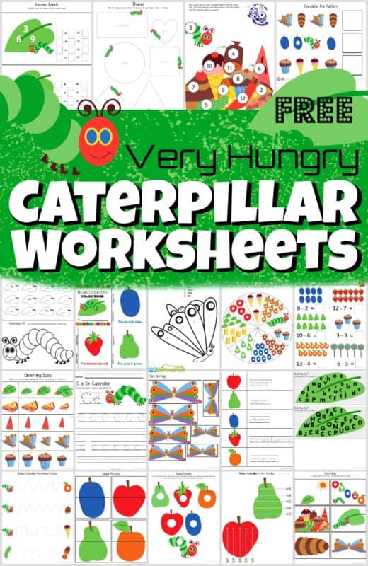 Very Hungry Caterpillar Activity Pages. #hungrycaterpillarworksheets #kindergartenworksheets #storybookworksheets #freehomeschooldeals #fhdhomeschoolers