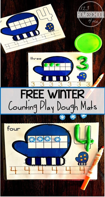 Winter Play Dough Math Mats. #freeplaydoughmats #mathplaydoughmats #kindergartenplaydoughmats #freehomeschooldeals #fhdhomeschoolers