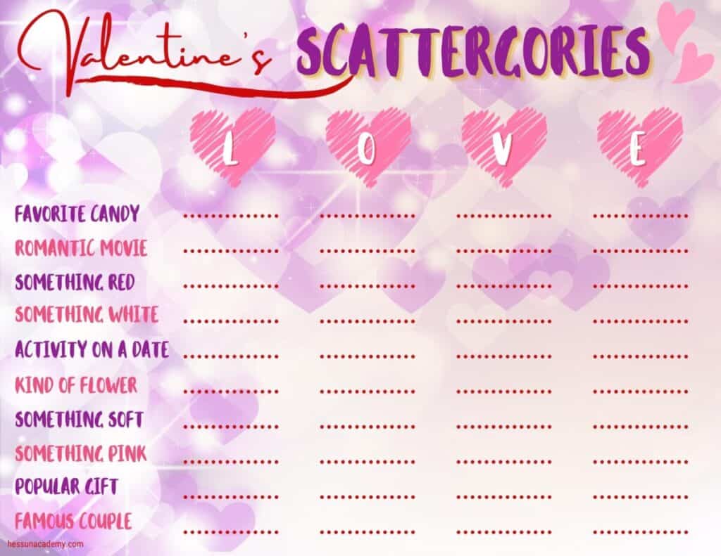 Scattergories for Valentine's Day. #printablegames #valentinesdayactivities #thinkinggamesforkids #freehomeschooldeals #fhdhomeschoolers