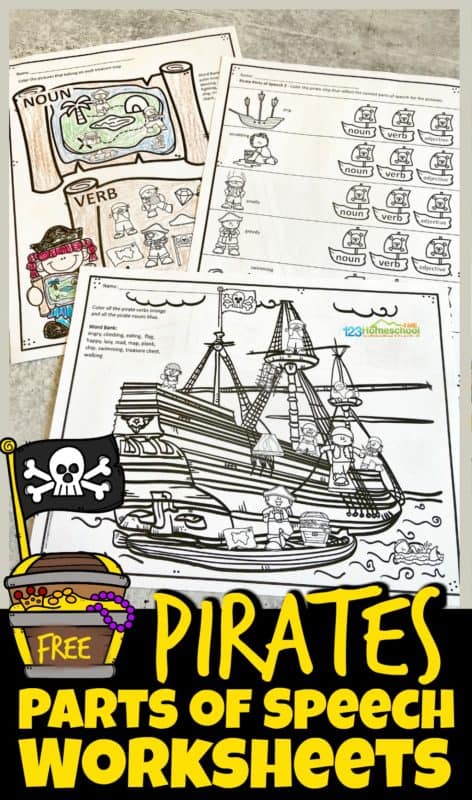 Parts of Speech Pirate Printables. #partsofspeechworksheets #freelanguageartsprintables #nounsandverbsworksheets #freehomeschooldeals #fhdhomeschoolers