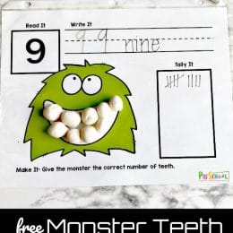 FREE Monster Teeth Counting Mats. #freehomeschooldeals #fhdhomeschoolers #dentalmonth #monsterteethmats #monstertheme#countingmats #playdoughmats