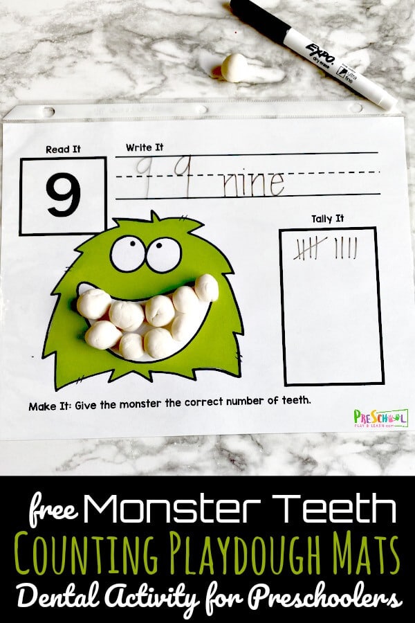 FREE Monster Teeth Counting Mats. #freehomeschooldeals #fhdhomeschoolers #dentalmonth #monsterteethmats #monstertheme#countingmats #playdoughmats