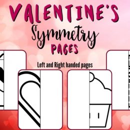 Free Symmetry Valentines Pages. #freehomeschooldeals #fhdhomeschoolers #valentinesymmetryprintables #valentinesymmetryworksheets #symmetrypages #symmetry worksheets